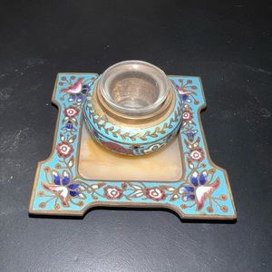 Antique bronze, enamel, and marble inkwell.